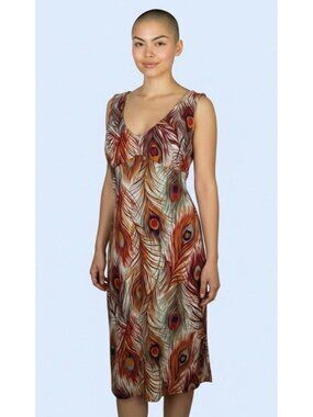 Vintage Y2K BCBG Womens L Orange Blue Peacock Feather Empire Waist Dress